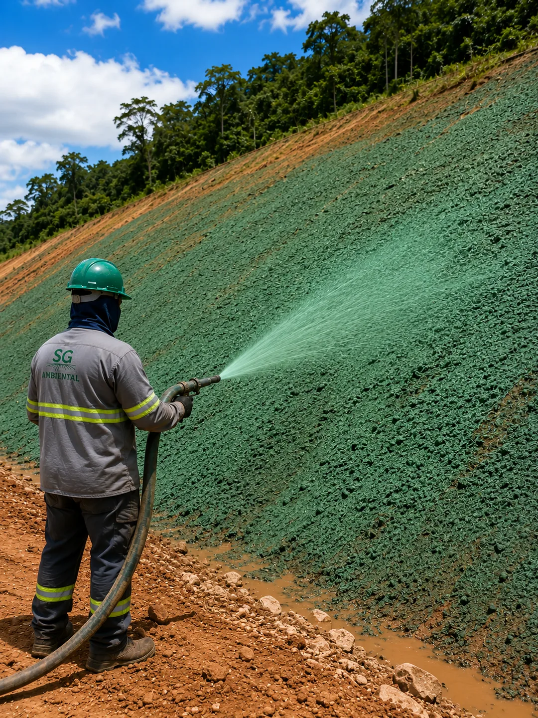 Equipe da SG Ambiental executando hidrosemeadura em talude